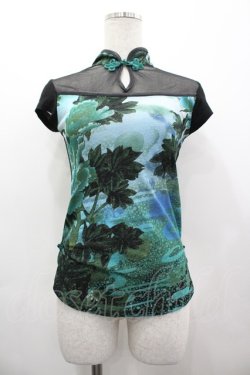 画像1: Ozz On / 風景pt&チュール切替チャイナトップス  ブラック×グリーン I-26-03-12-034-OO-TO-SA-ZI