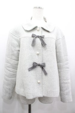 画像1: Melody BasKet / リボンパールヘリンボーンショートコート  グレー I-26-03-12-043-LO-CO-SA-ZI