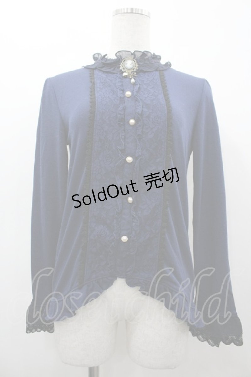 画像1: axes femme / ブローチ付ブラウス風プルオーバー M ネイビー I-26-03-14-013-AX-TO-TE-ZI (1)