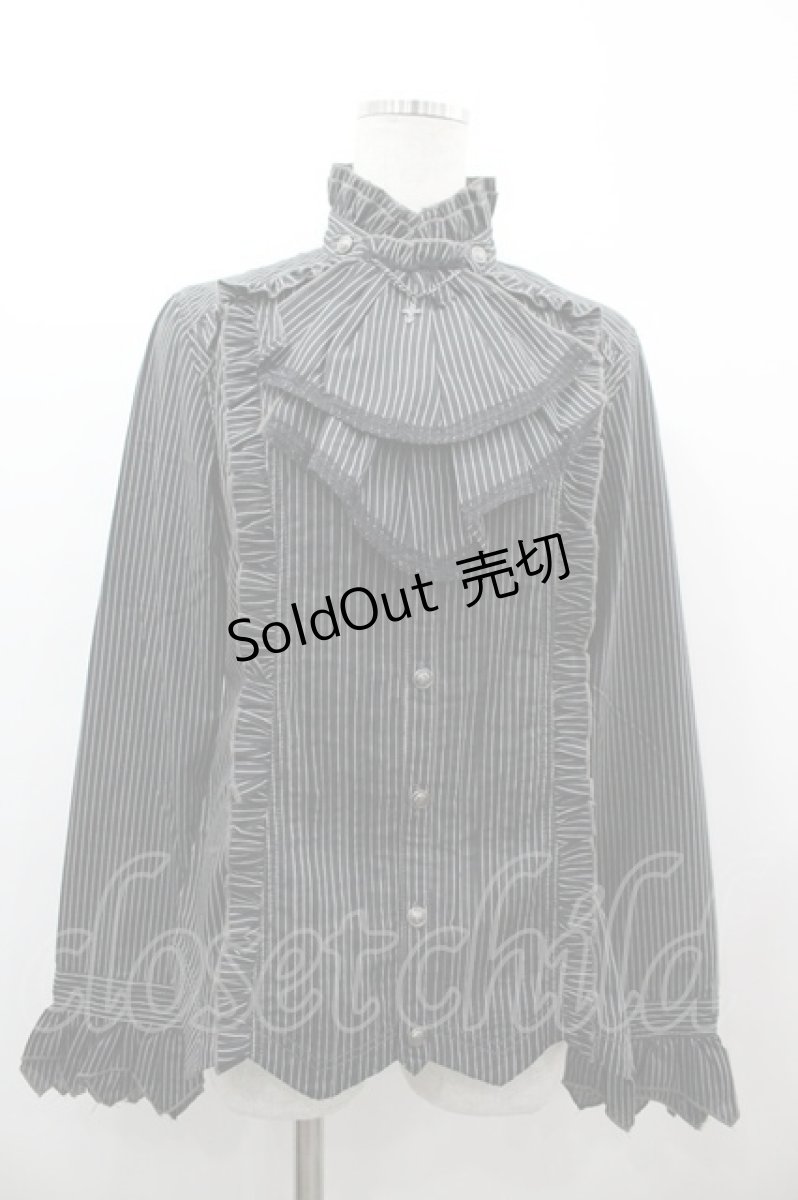 画像1: ALGONQUINS / ジャボ付きスタンドカラーストライプブラウス 1 黒×白 I-26-03-14-020-AL-BL-TE-ZI (1)