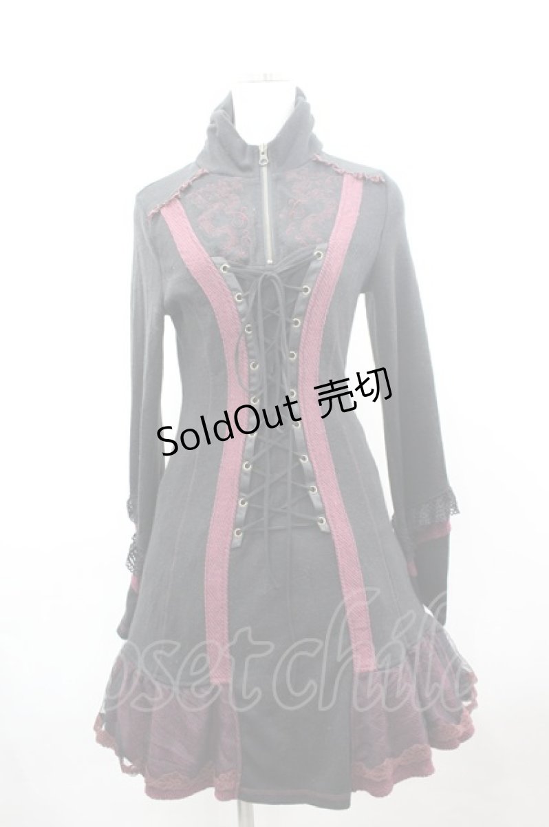 画像1: Ozz Croce / フロント編み上げハイネック長袖ワンピース  黒Ｘボルドー I-26-03-16-087-OO-OP-SA-ZI (1)