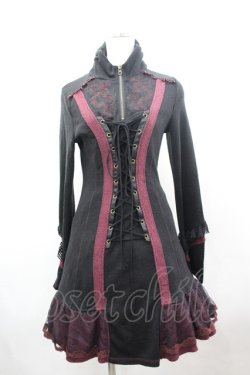 画像1: Ozz Croce / フロント編み上げハイネック長袖ワンピース  黒Ｘボルドー I-26-03-16-087-OO-OP-SA-ZI