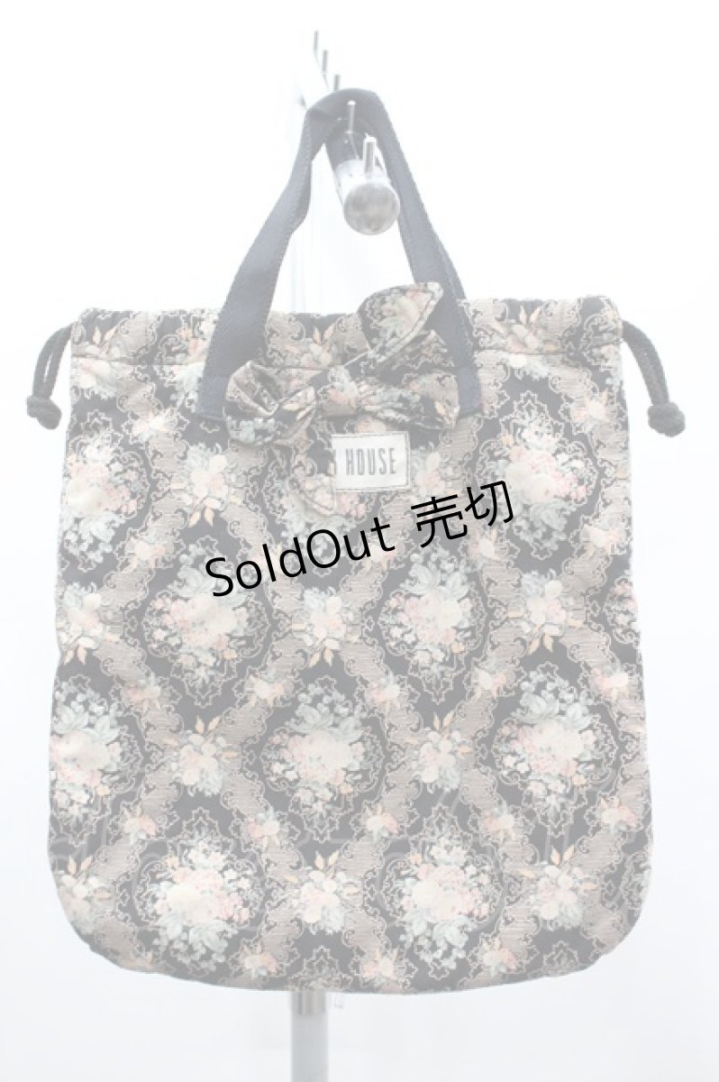 画像1: PINK HOUSE / ローズブーケプリント巾着バッグ  黒Ｘピンク I-26-03-16-110-LO-BG-SA-ZTK051 (1)