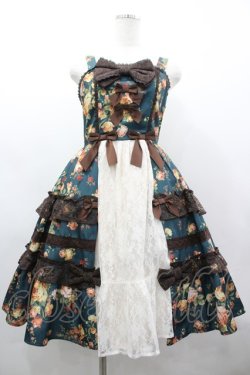 画像1: axes femme kawaii / アンティークローズ柄ジャンパースカート  グリーン I-26-03-19-079-AX-OP-SA-ZI