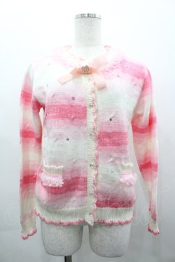 画像1: Nile Perch / ボーダーラインストーンニットカーディガン  ピンクＸ白 I-26-03-25-006-LO-TO-SA-ZI