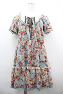 画像1: axes femme / 水彩画薔薇ブーケ半袖ワンピース  サックス I-26-04-01-095-AX-OP-SA-ZI