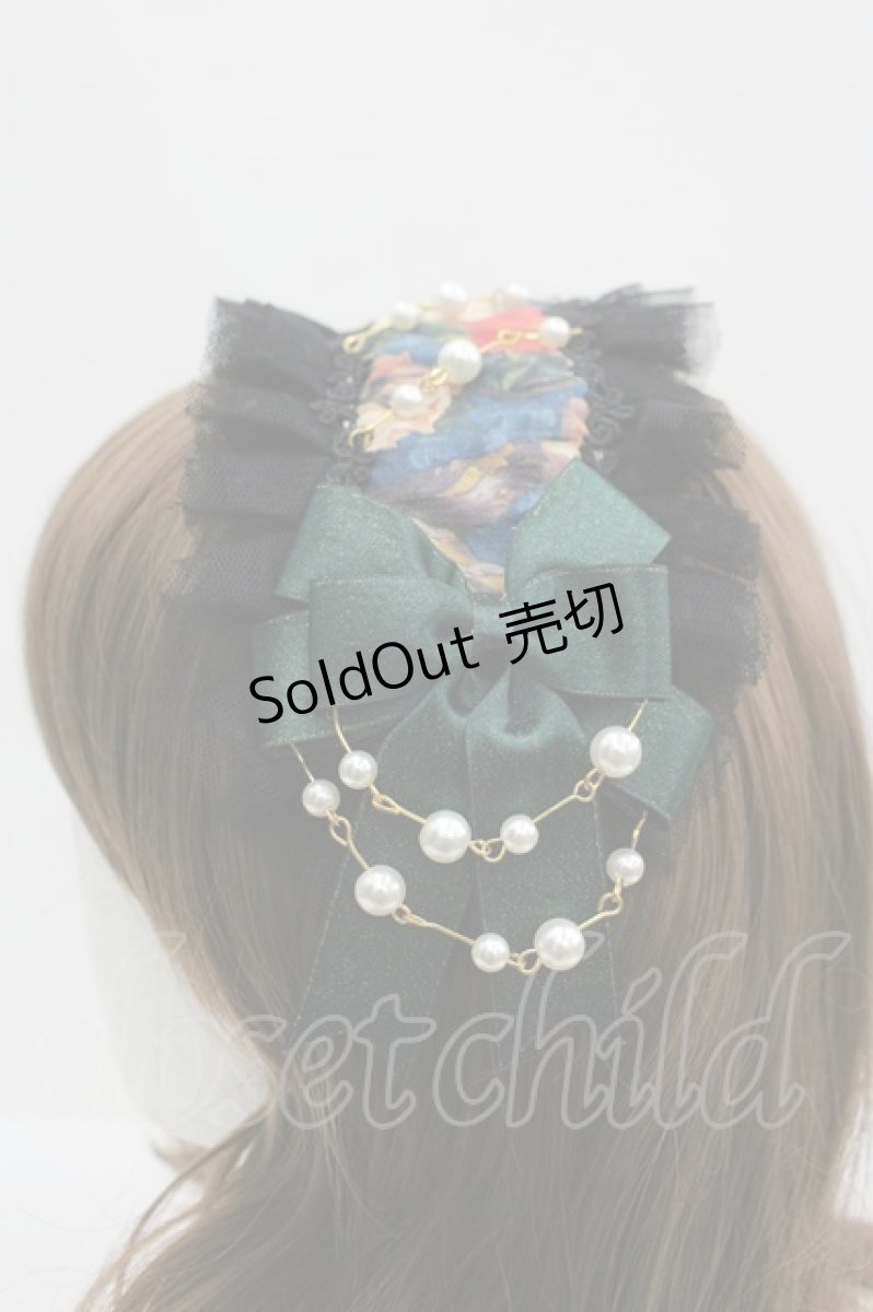 画像2: LOLITAその他(お買取対象外) / フラワープリントリボンパールヘッドドレス  黒Ｘグリーン I-26-04-08-069-LO-AC-SA-ZI (2)