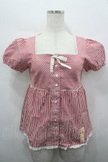 画像1: PINK HOUSE / キューピー刺繍ストライプ半袖ブラウス  赤Ｘ白 I-26-04-10-009-LO-BL-SA-ZI (1)