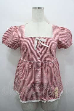 画像1: PINK HOUSE / キューピー刺繍ストライプ半袖ブラウス  赤Ｘ白 I-26-04-10-009-LO-BL-SA-ZI