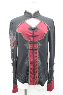 画像1: Ozz oneste / 袖和柄プリントチャイナカットソー  黒×赤 I-26-04-10-019-OO-TO-TE-ZI