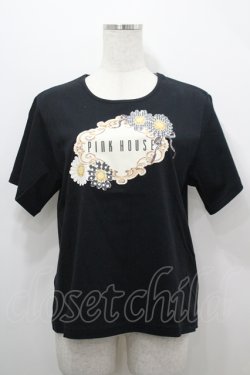 画像1: PINK HOUSE / ひな菊コサージュプリントカットソー M 黒 I-26-04-12-009-LO-TO-TE-ZI