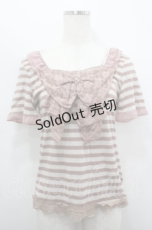 画像1: axes femme / レースBIGリボンボーダー半袖カットソー  アワピンク I-26-04-19-022-AX-TO-SA-ZI (1)