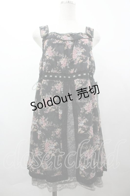 画像1: axes femme / フラワーブーケシフォンプリントジャンパースカート M 黒 I-26-04-19-079-AX-OP-TE-ZI (1)