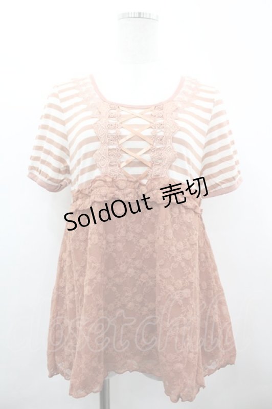 画像1: axes femme / ボーダーレース切り替え半袖カットソー M オレンジ I-26-04-21-010-AX-TO-SA-ZI (1)