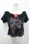 画像1: H jelly / ドクロ薔薇半袖カットソー  黒ＸグレーＸ赤 I-26-04-22-052-HN-TO-SA-ZI (1)