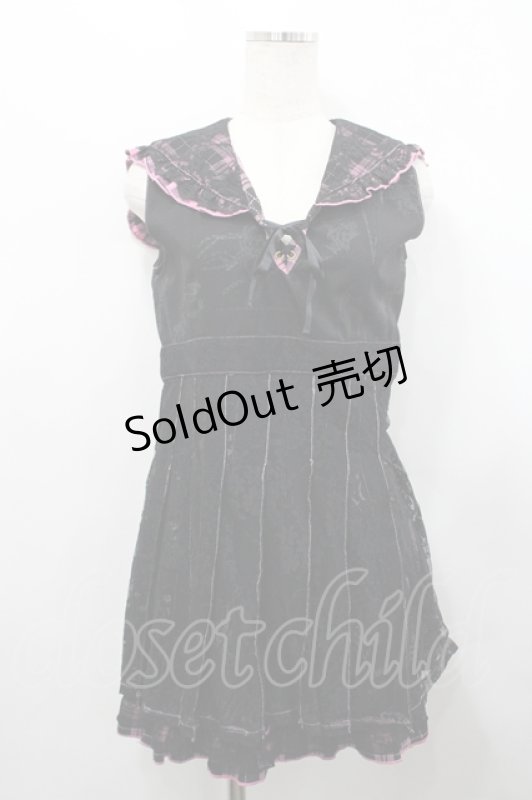 画像1: H jelly / チェック襟ノースリーブワンピース  黒Ｘピンク I-26-04-22-060-HN-OP-SA-ZI (1)