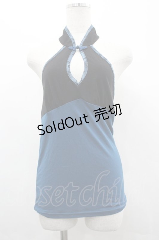 画像1: Qutie Frash / シフォン切替チャイナボタンホルターネックトップス  黒Ｘ青 I-26-04-24-020-QU-TO-SA-ZI (1)