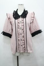 画像1: DearMyLove / 3連ビジューレースフリルブラウス  ピンクＸ黒 I-26-04-27-004-EL-BL-SA-ZI (1)