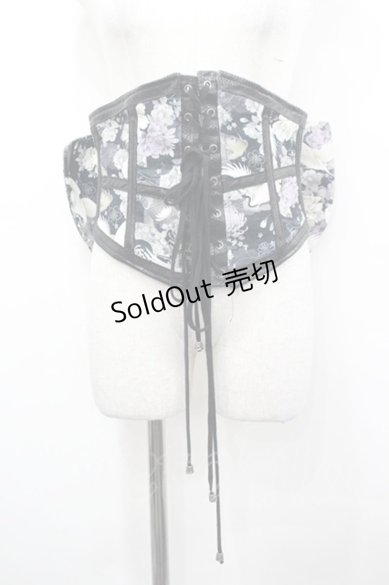 画像1: Qutie Frash / 鶴和柄リボン帯コルセット  黒Ｘ白 I-26-04-27-076-QU-TO-SA-ZI (1)