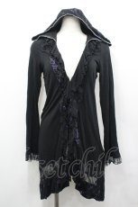 画像1: HONEY / プリントフリル&レース切り替えフードカーディガン  黒Ｘ紫 I-26-04-27-017-HN-TO-SA-ZI (1)