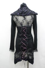 画像2: HONEY / プリントフリル&レース切り替えフードカーディガン  黒Ｘ紫 I-26-04-27-017-HN-TO-SA-ZI (2)