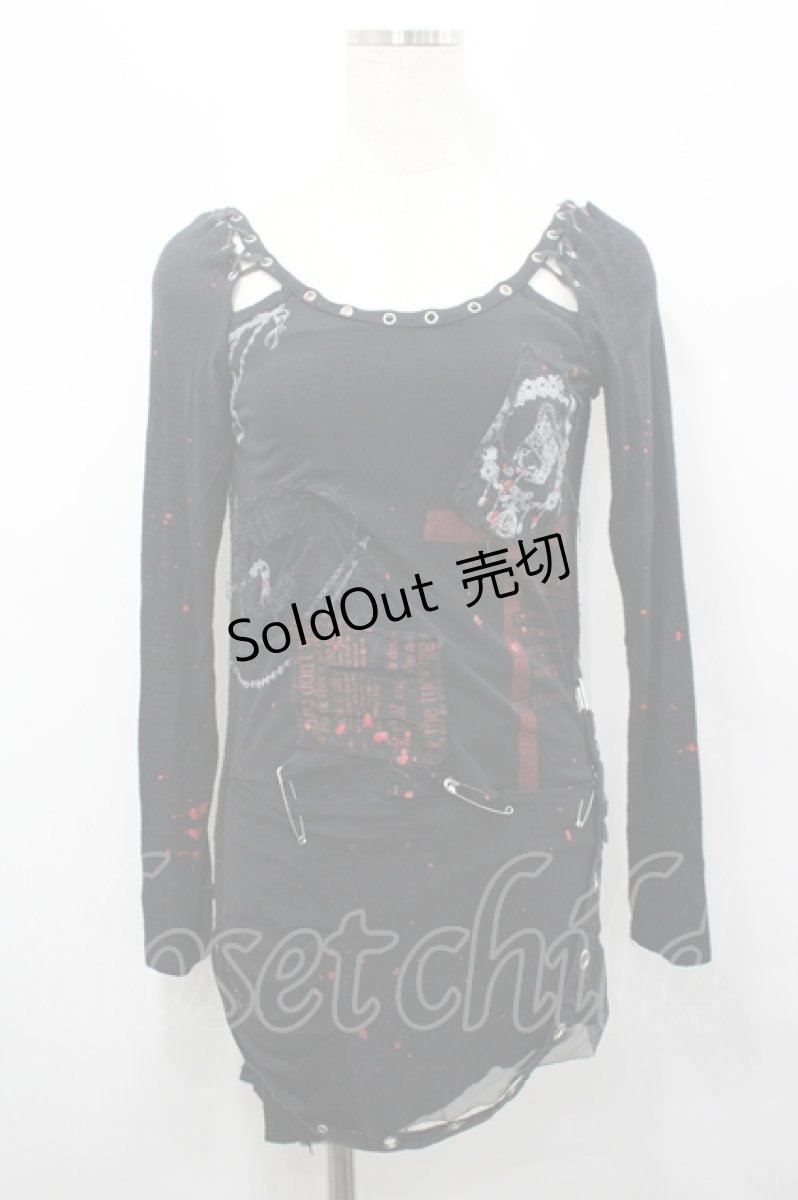 画像1: h.ANARCHY / 切りっぱなしワッペンデザインカットソー  黒ＸシルバーＸ赤 I-26-04-27-023-HN-TO-SA-ZI (1)