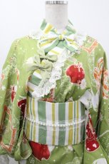画像3: ZJ Story（海外ロリータブランド） / りんご&額縁ストライプ柄着物セット  グリーン I-26-04-29-069-LO-OP-SA-ZI (3)