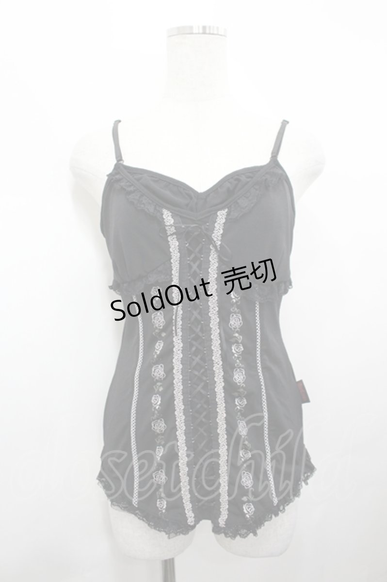 画像1: Ozz Croce / フロント編み上げ&薔薇刺繍キャミソール  黒Ｘ白 I-26-05-10-050-OO-TO-SA-ZI (1)