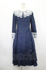 画像1: axes femme NOSTALGIE / レース襟付ジャガードワンピース M 紺 I-26-05-16-118-AX-OP-SA-ZI (1)