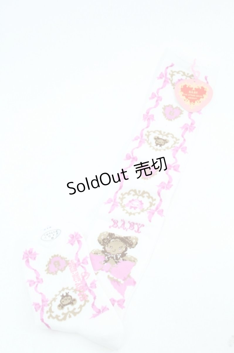 画像1: BABY,THE STARS SHINE BRIGHT / くみゃちゃんの Ribbon Ribbon C’est Bon Belle Journee柄オーバーニーソックス  白 I-26-05-22-128-BA-ZA-SA-ZI (1)