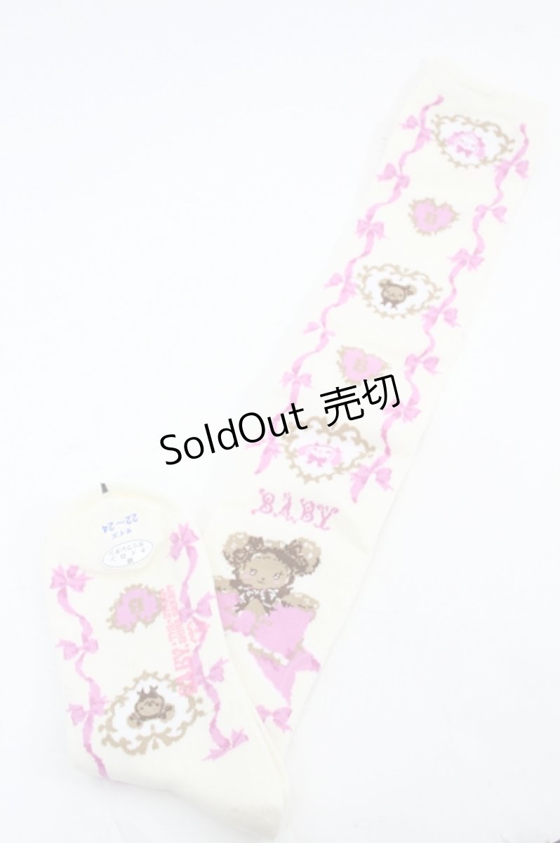 画像1: BABY,THE STARS SHINE BRIGHT / くみゃちゃんの Ribbon Ribbon C’est Bon Belle Journee柄オーバーニーソックス  生成り I-26-05-22-129-BA-ZA-SA-ZI (1)