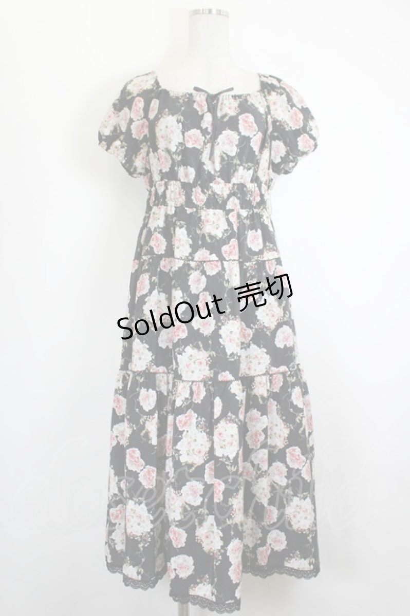 画像1: PINK HOUSE / ハートローズブーケ半袖ワンピース  黒 I-26-06-12-070-LO-OP-SA-ZI (1)