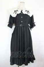 画像1: DearMyLove / 編み上げリボン刺繍襟半袖ワンピース M 黒Ｘ白 I-26-06-16-077-GO-OP-SA-ZI (1)