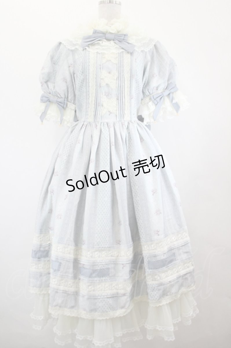 画像1: Sakya Lolita / フラワーブーケ&レース縦プリントハイネック半袖ワンピース M サックス I-26-06-23-034-LO-OP-SA-ZI (1)