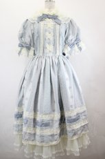 画像1: Sakya Lolita / フラワーブーケ&レース縦プリントハイネック半袖ワンピース M サックス I-26-06-23-034-LO-OP-SA-ZI (1)