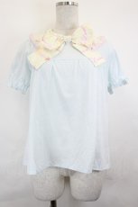画像1: Nile Perch / アニマルプリント襟リボン半袖カットソー  サックスＸアイボリー I-26-06-25-009-LO-TO-SA-ZI (1)