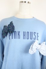 画像3: PINK HOUSE / チェック＆無地リボンブローチ付きロゴプリントトレーナー  青 I-26-07-03-049-LO-TO-SA-ZI (3)