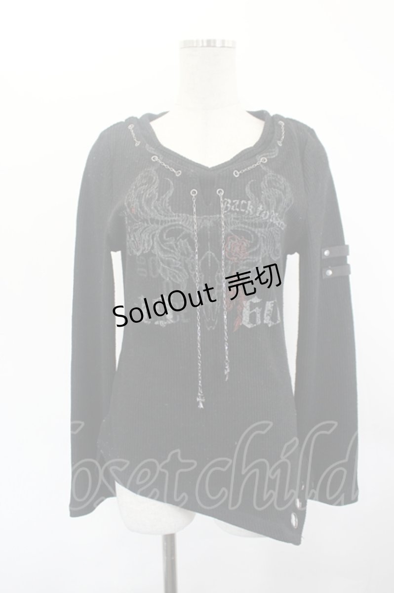 画像1: Ozz Croce / チェーン付きプリントリブトップス  黒 I-26-07-05-045-OO-TO-TE-ZI (1)