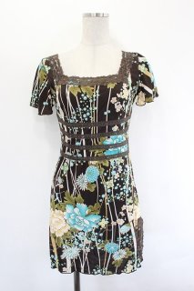 エ*7様 【古モデル・新品美品】 OZZ ONESTE 薔薇柄 ストライプ半袖ワ Ozz oneste / 和花柄半袖トップス ブラウンX白X青 I-26-07-18-082-OO