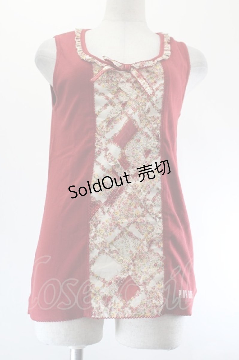 画像1: PINK HOUSE / ミニ薔薇格子プリントノースリーブカットソー L 赤Ｘアイボリー I-26-07-21-025-LO-TO-SA-ZI (1)