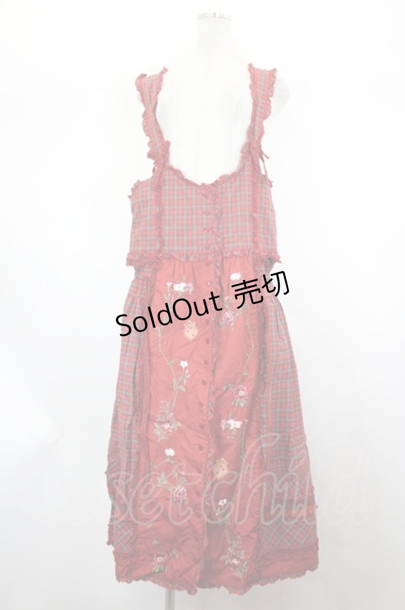 画像1: PINK HOUSE / タータンチェック刺繍吊スカート  レッド I-26-07-30-033-LO-SK-SA-ZI (1)