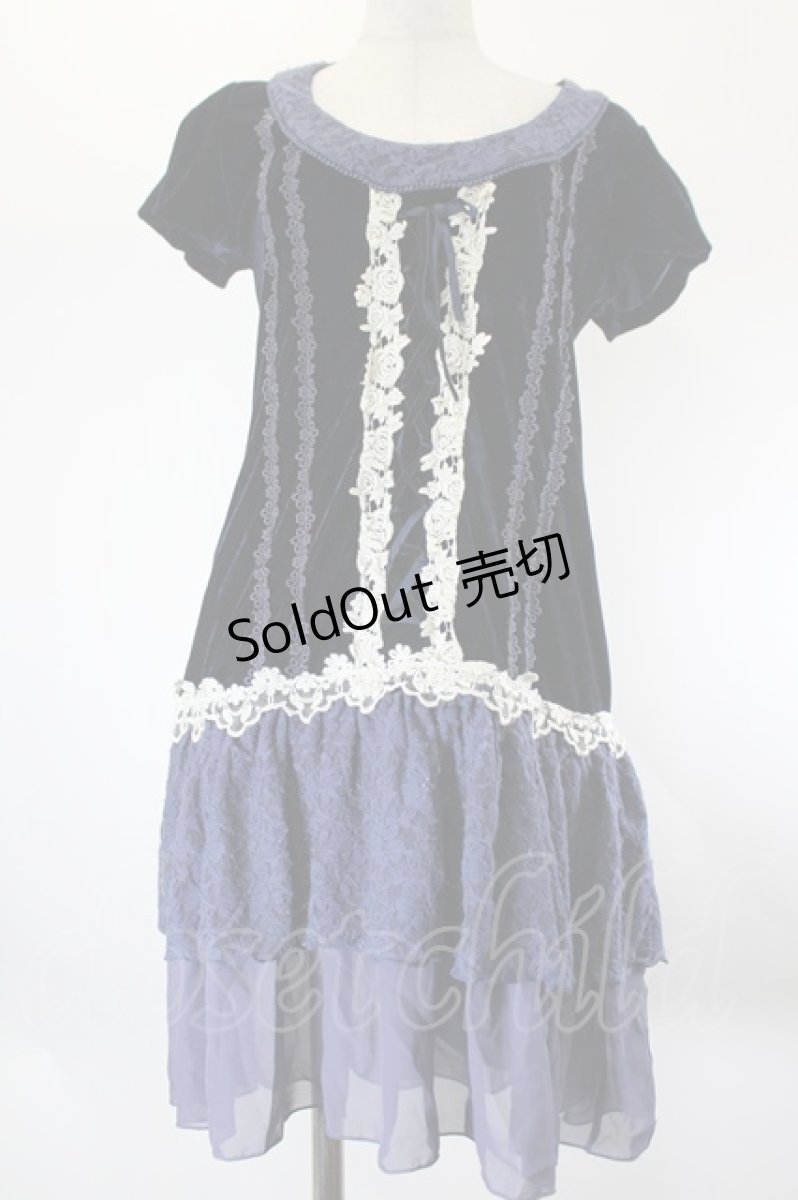 画像1: axes femme / ベロア&レース切替チュニックワンピース M ネイビー I-26-08-06-067-AX-OP-SA-ZI (1)
