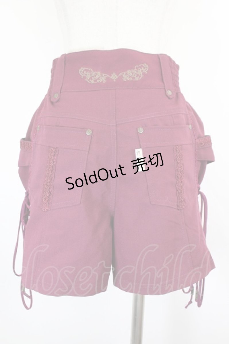 画像2: OZZ ANGELO / サイド編み上げ&ラインストーン付フラップショートパンツ  ボルドー I-26-08-06-115-OO-PA-SA-ZI (2)