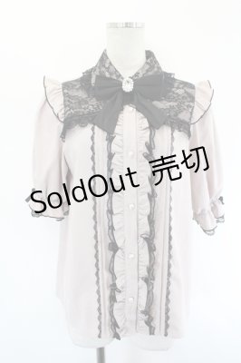 Preview of ビジューリボン付きレース襟半袖ブラウス M ピンク