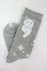 画像2: PINK HOUSE / さざ波とねこモチーフソックス  グレー I-26-08-17-132-LO-ZA-SA-ZI (2)