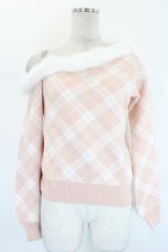 画像1: Ank Rouge / ファーオフショルチェックニットプルオーバー  ピンクＸ白 I-26-08-20-025-CA-TO-SA-ZI (1)