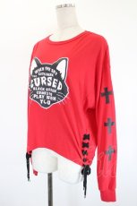 画像3: LISTEN FLAVOR / 黒猫プリント長袖カットソー  赤 I-26-08-20-038-PU-TS-TE-ZI (3)