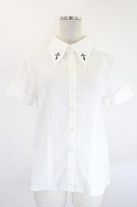 画像1: PEACE NOW / 襟クロス刺繍半袖ブラウス M 白 I-26-08-20-039-PU-BL-TE-ZI (1)