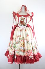 画像1: kint絨球猫洋装 / くま刺繍&くまうさぎいちごプリントジャパースカート  アイボリーｘ赤 I-26-08-21-068-LO-OP-SA-ZI (1)