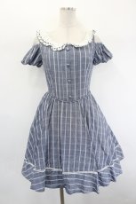 画像1: Secret Honey / ハート刺繍襟チェックオフショルワンピース  ブルーグレー I-26-08-23-073-CA-OP-TE-ZI (1)
